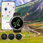 Cavinoo GPS Smartwatch with navigation app on a mountainous landscape
