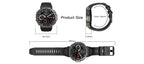 Black Cavinoo GPS Smartwatch with measurements on a white background