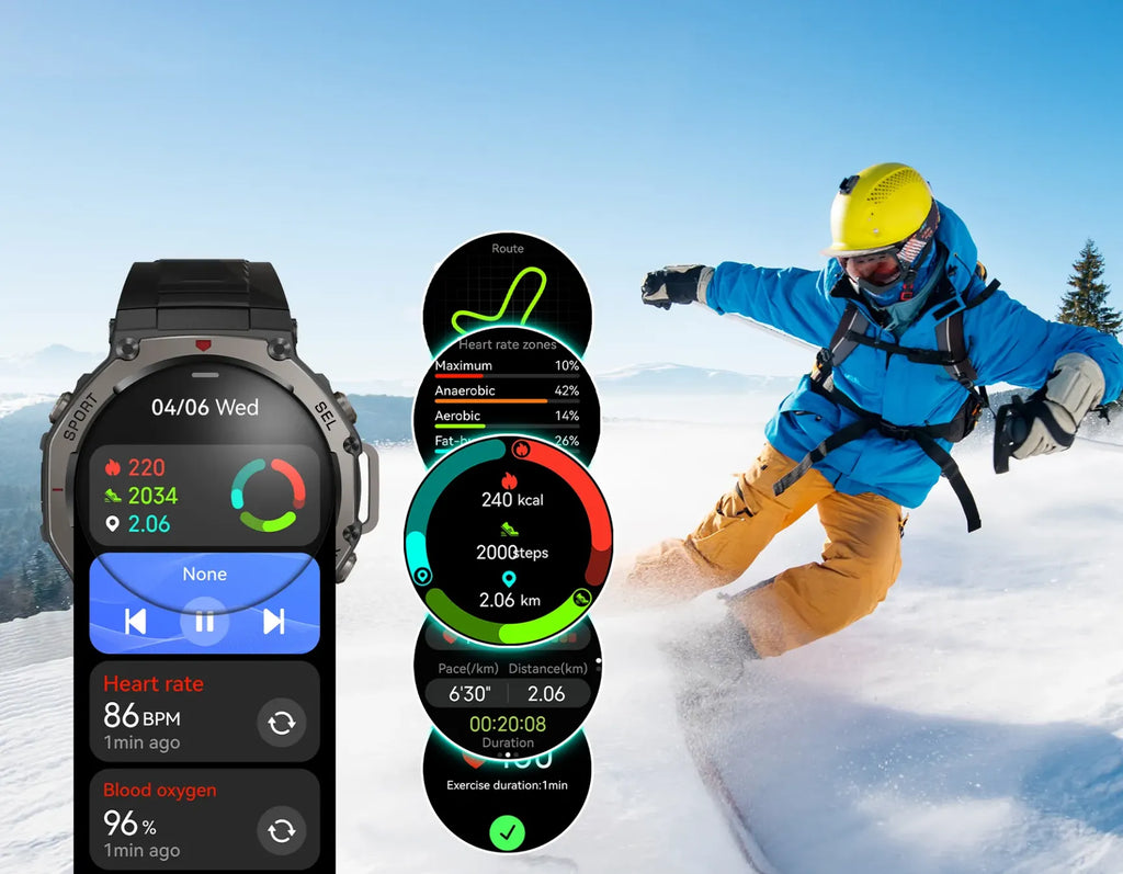 Cavinoo GPS Smartwatch displaying various fitness metrics with a person skiing in the background
