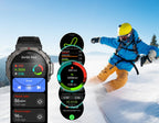 Cavinoo GPS Smartwatch displaying various fitness metrics with a person skiing in the background