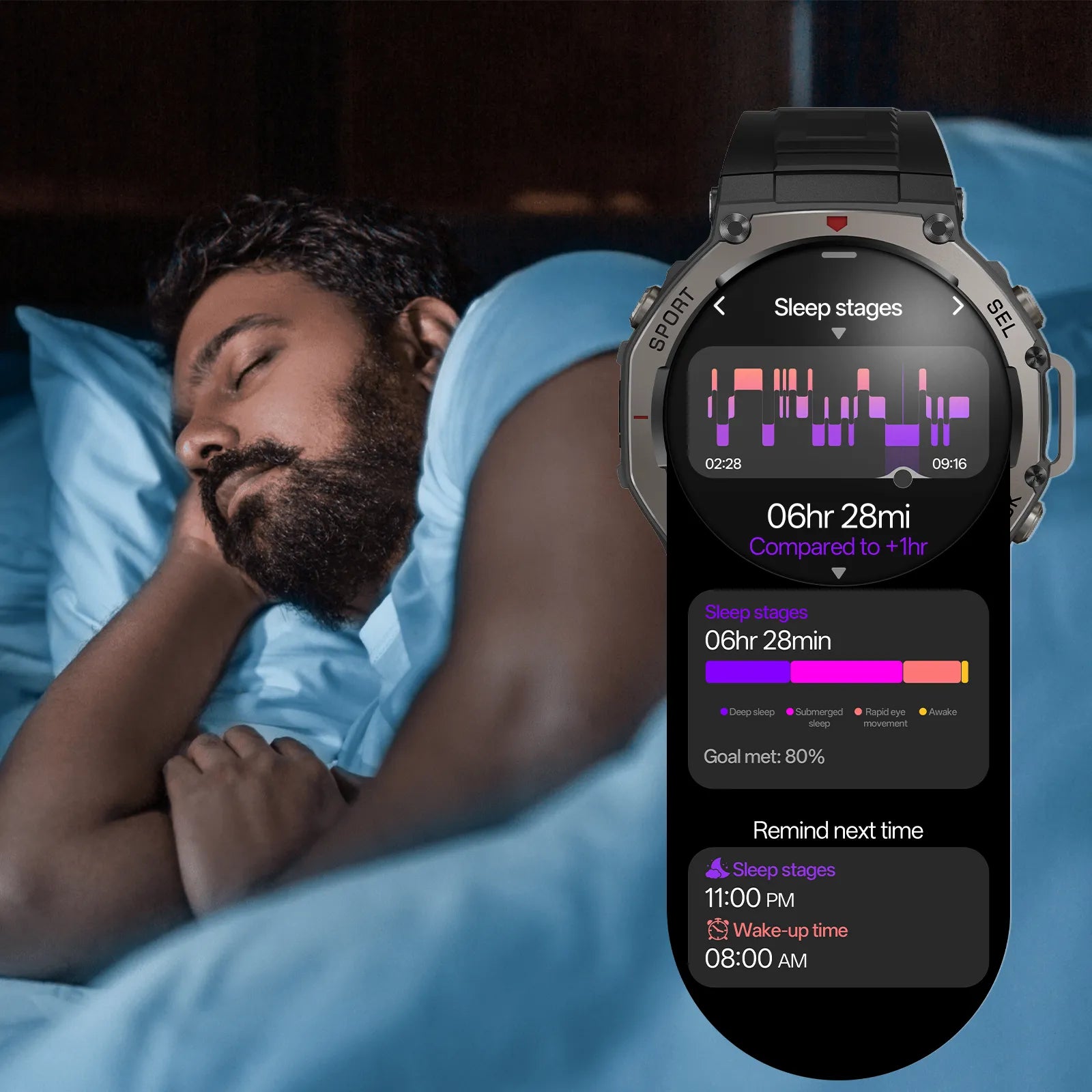 Cavinoo GPS Smartwatch displaying sleep stages on a person lying in bed
