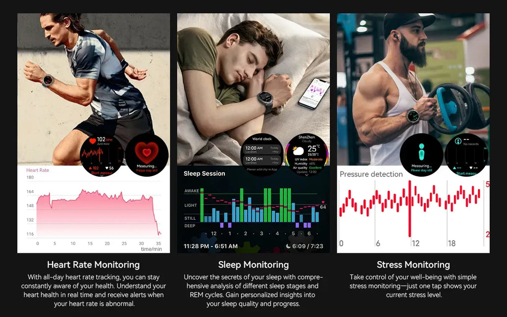 Collage of a Cavinoo GPS Smartwatch being used for heart rate, sleep, and stress monitoring with corresponding graphs and scenes.