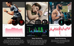 Collage of a Cavinoo GPS Smartwatch being used for heart rate, sleep, and stress monitoring with corresponding graphs and scenes.