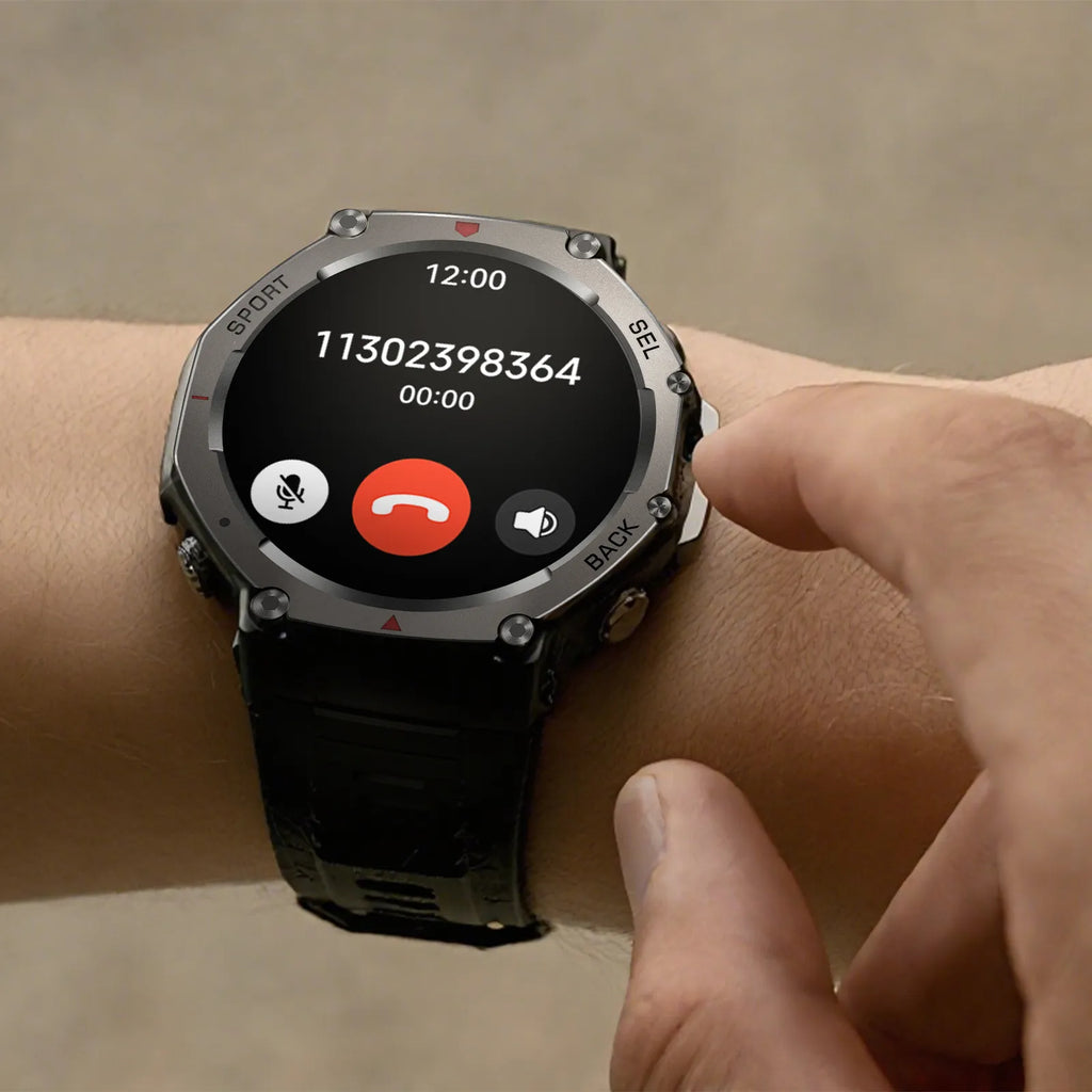 Cavinoo GPS Smartwatch on a wrist with a call interface displayed on the screen.