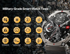 Military-grade Cavinoo GPS Smartwatch with test icons on a rugged background