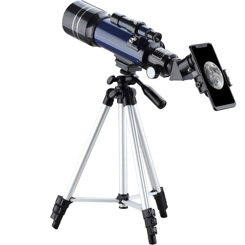 CelesView Telescope with smartphone adapter on a white background