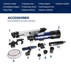CelesView Telescope accessories with labeled parts on a white background