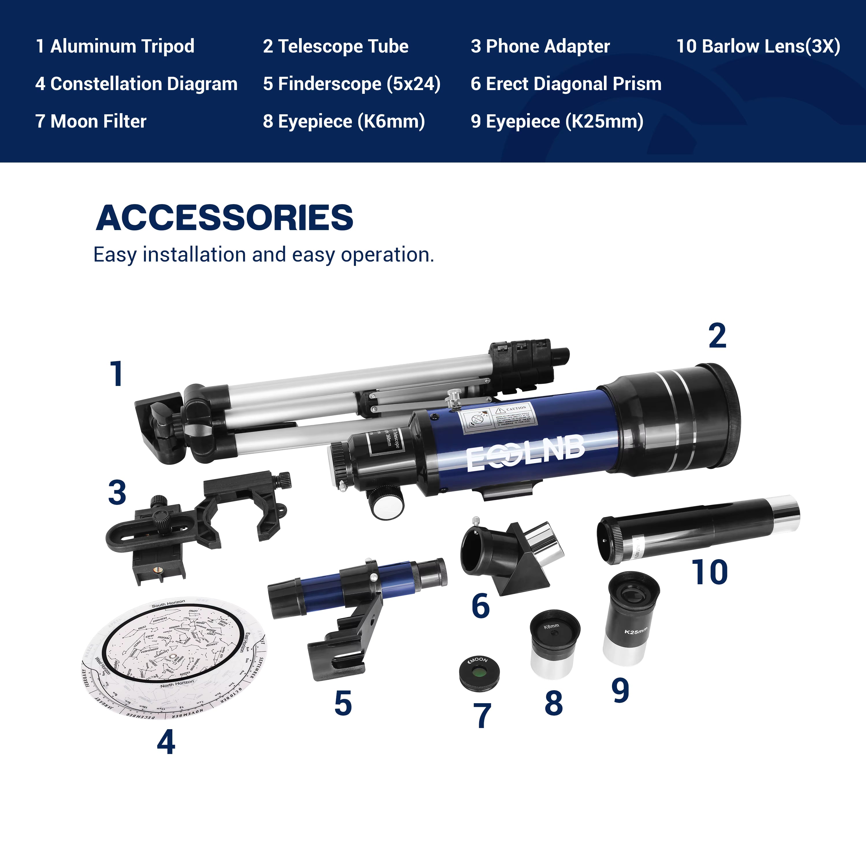 CelesView Telescope accessories with labeled parts on a white background