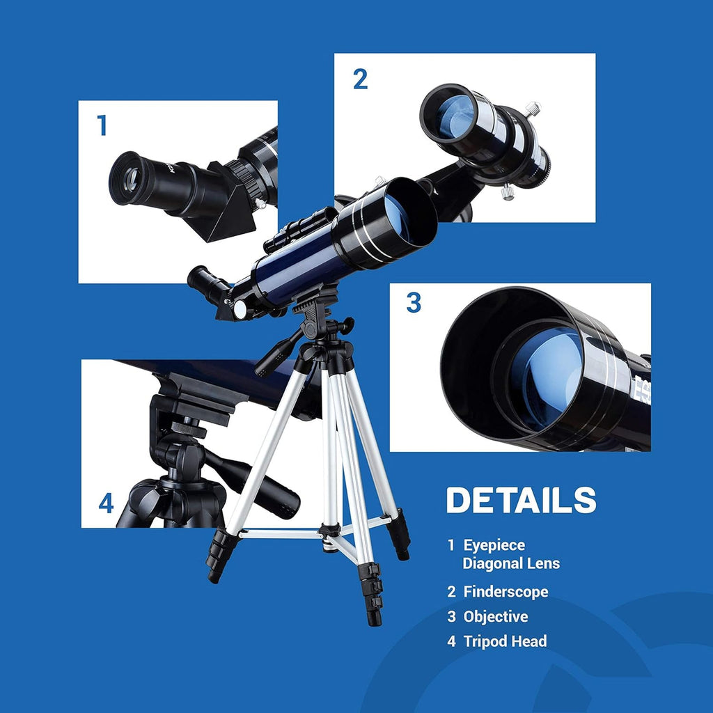 CelesView Telescope with labeled parts on a blue background