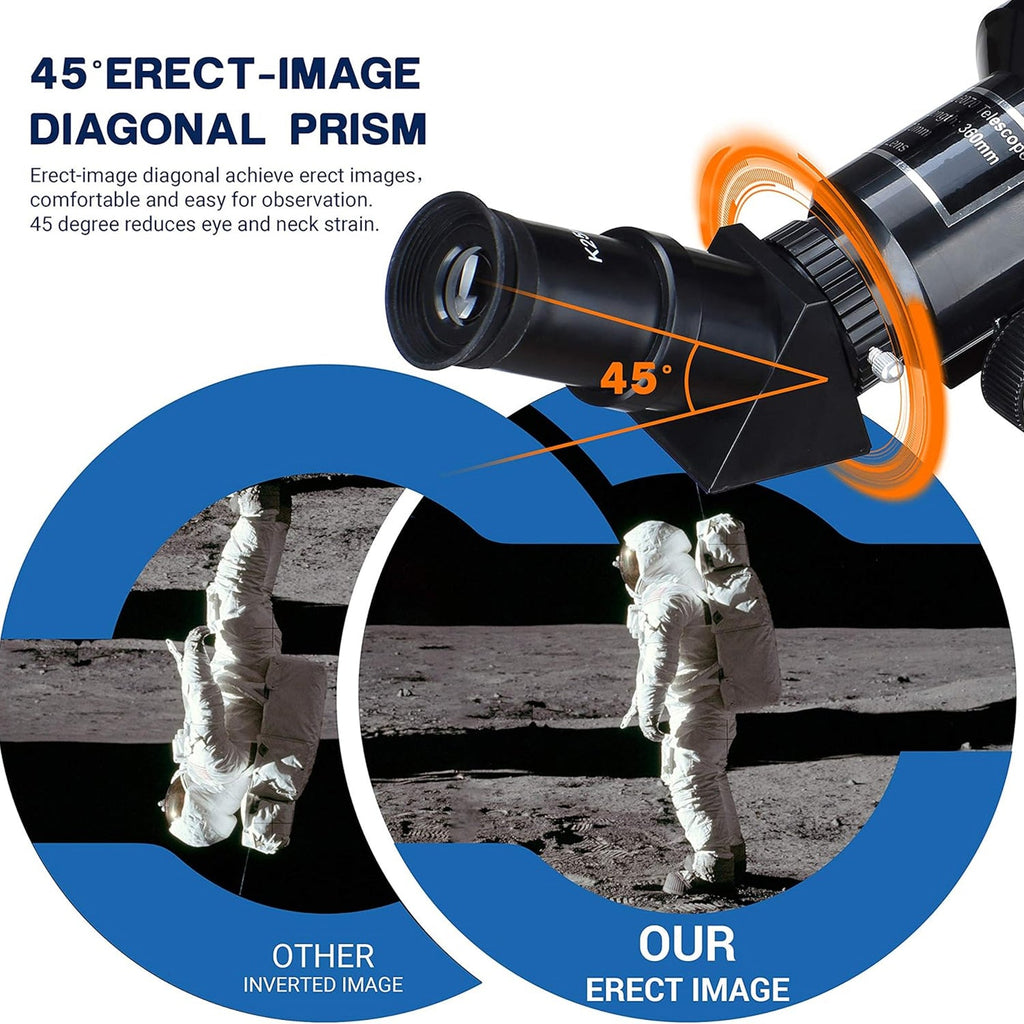 CelesView Telescope with 45-degree erect-image diagonal prism on a background of astronauts on the moon.
