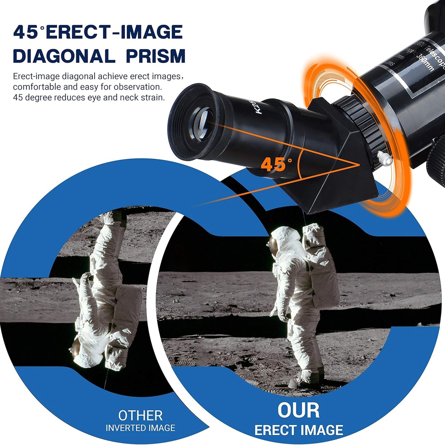 CelesView Telescope with 45-degree erect-image diagonal prism on a background of astronauts on the moon.
