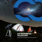 CelesView Telescope with a tent and person by a campfire under a starry sky, promoting astronomical telescope.