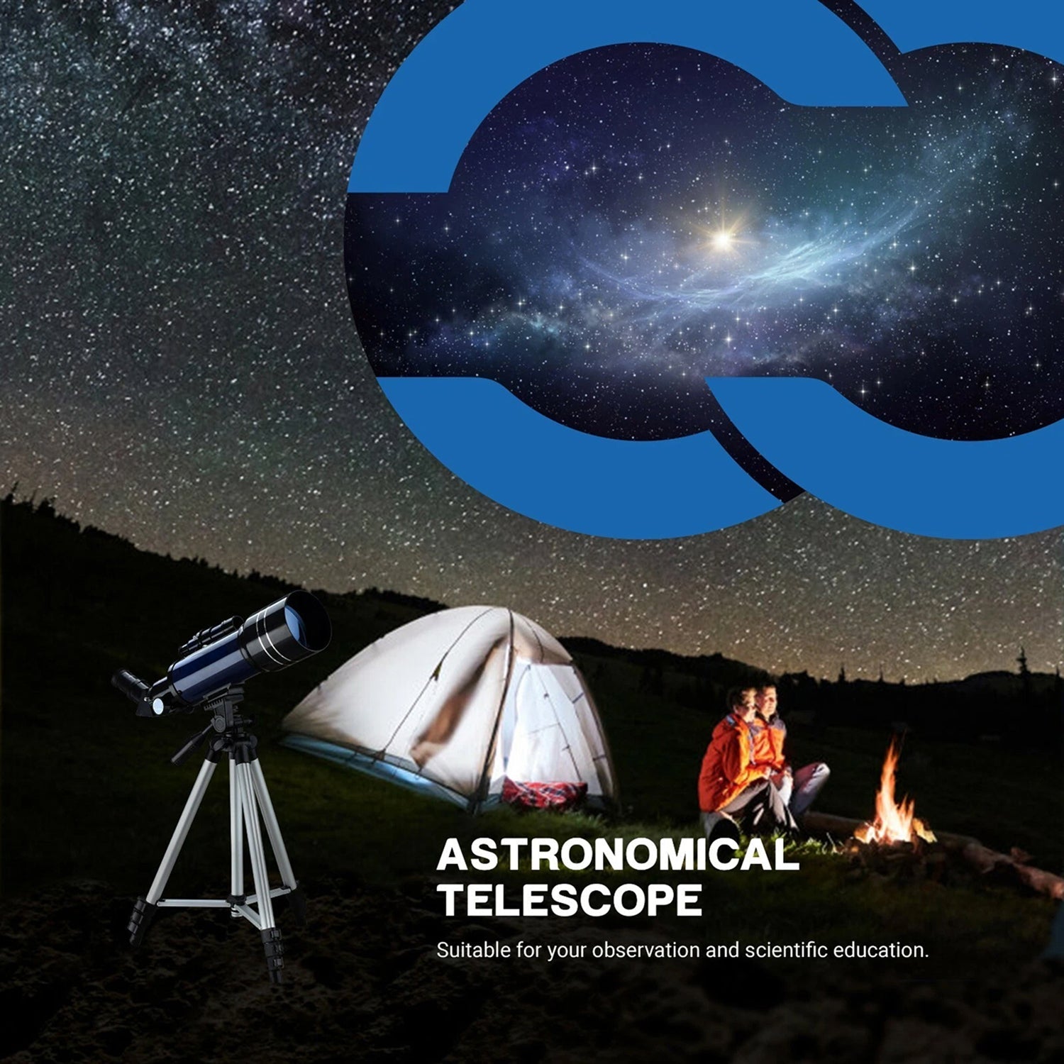 CelesView Telescope with a tent and person by a campfire under a starry sky, promoting astronomical telescope.