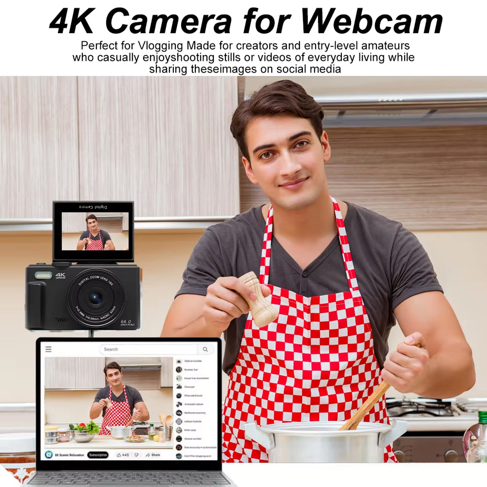 Person in a kitchen using a 4K ClickZip Camera for webcam, with a laptop displaying the video feed.