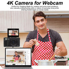 Person in a kitchen using a 4K ClickZip Camera for webcam, with a laptop displaying the video feed.