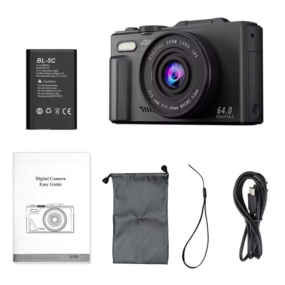 ClickZip Digital camera with battery, charger, case, and user guide on a white background