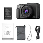 ClickZip Digital camera with battery, charger, case, and user guide on a white background