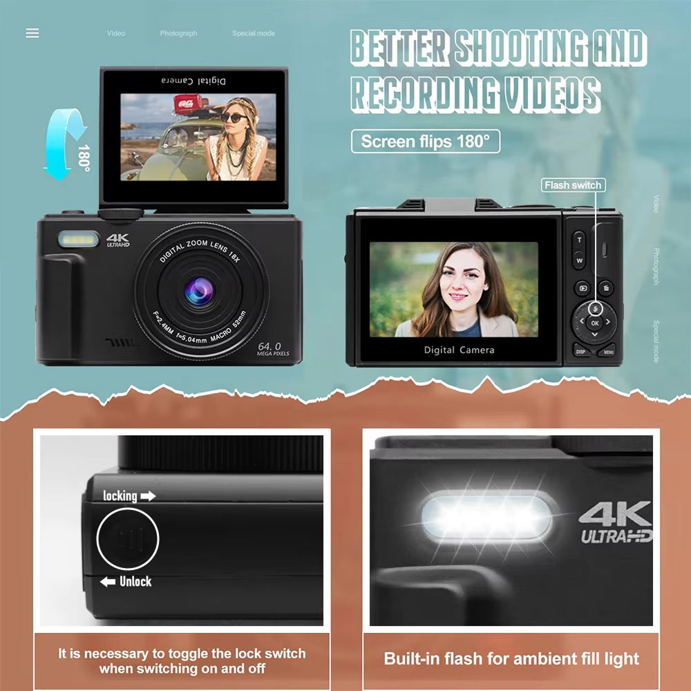 ClickZip Digital camera with screen flip feature and flash on a promotional background