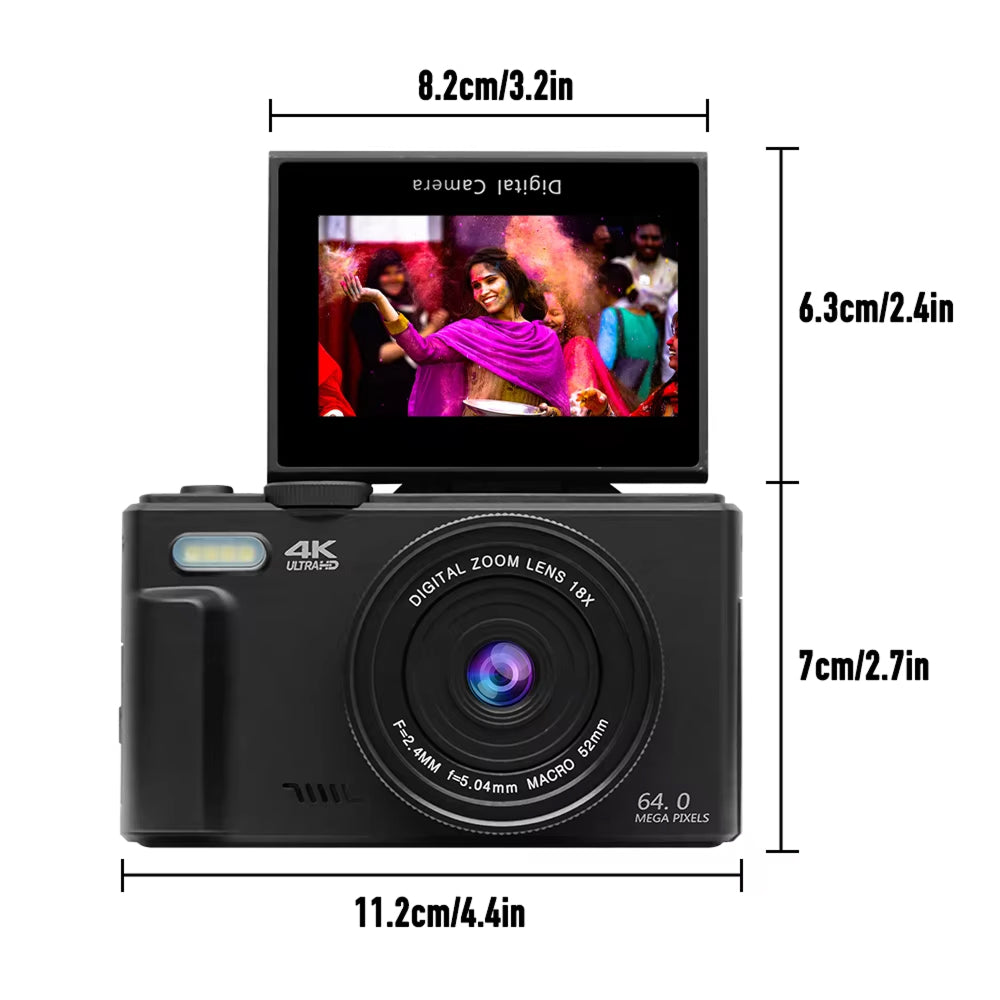 Black ClickZip digital camera with a small screen displaying a video, showing dimensions on a white background.