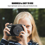 Child holding a ClikEase Digital Camera with text about its ease of use for kids