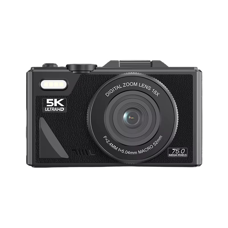 Black ClikEase Digital Camera with 5K Ultra-HD and 75.0 Mega Pixels on a white background