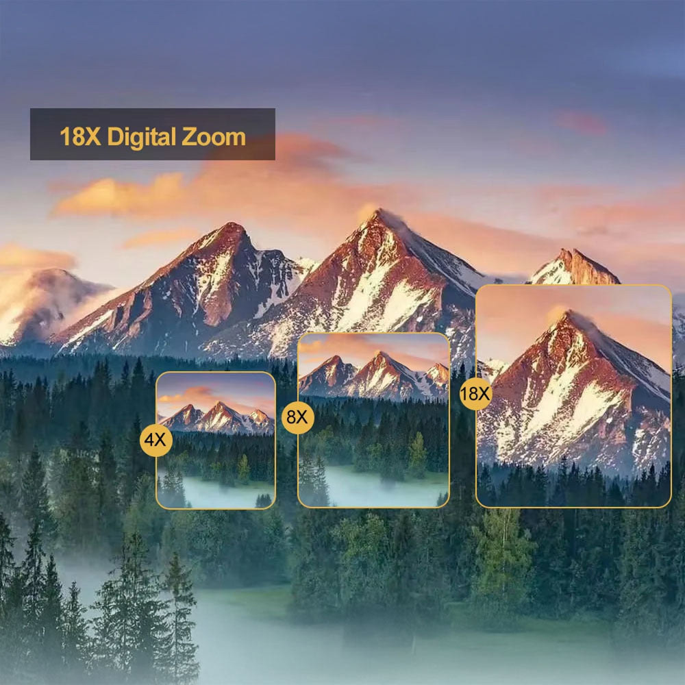 Mountain landscape with 18X digital zoom demonstration on a screen.