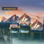 Mountain landscape with 18X digital zoom demonstration on a screen.