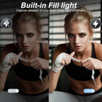 Before and after comparison of a woman with boxing gloves using built-in fill light feature.