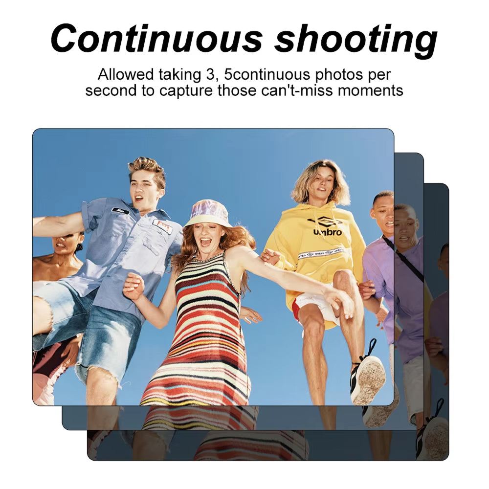 Group of people running with text about continuous shooting capability on a blue sky background