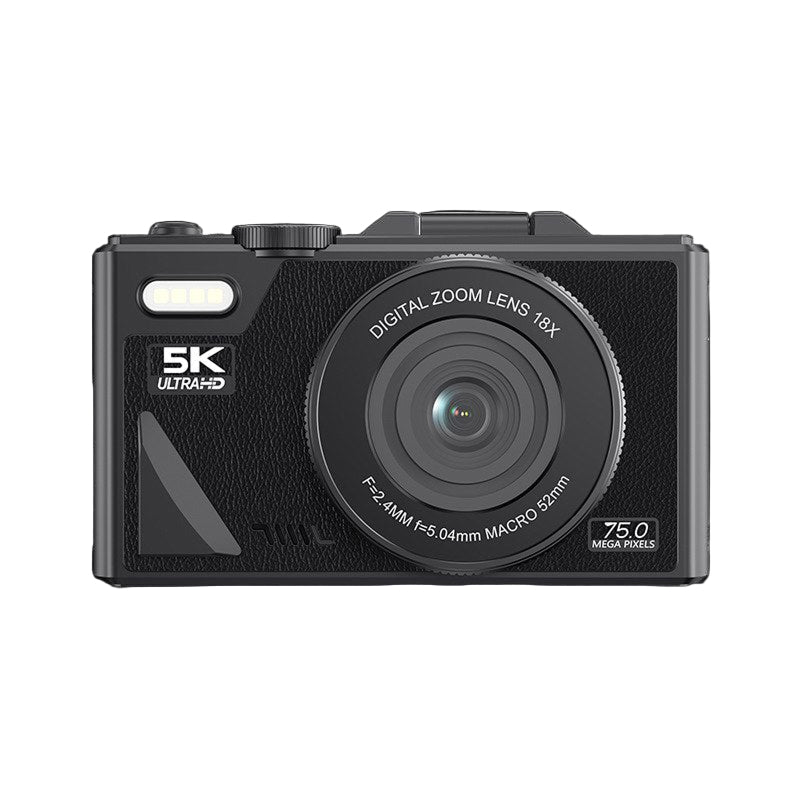 Black ClikTric Digital Camera with 5K Ultra HD and 75.0 mega pixels on a white background