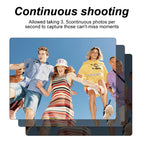 Group of people running with text about continuous shooting capability on a blue sky background