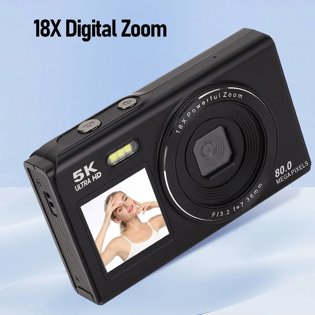 ClikVis Digital Camera with 18X digital zoom and 5K ultra HD capabilities on a light blue background