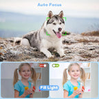 Dog on a rocky landscape with 'Auto Focus' text, and a girl with 'Fill Light' toggle switch.