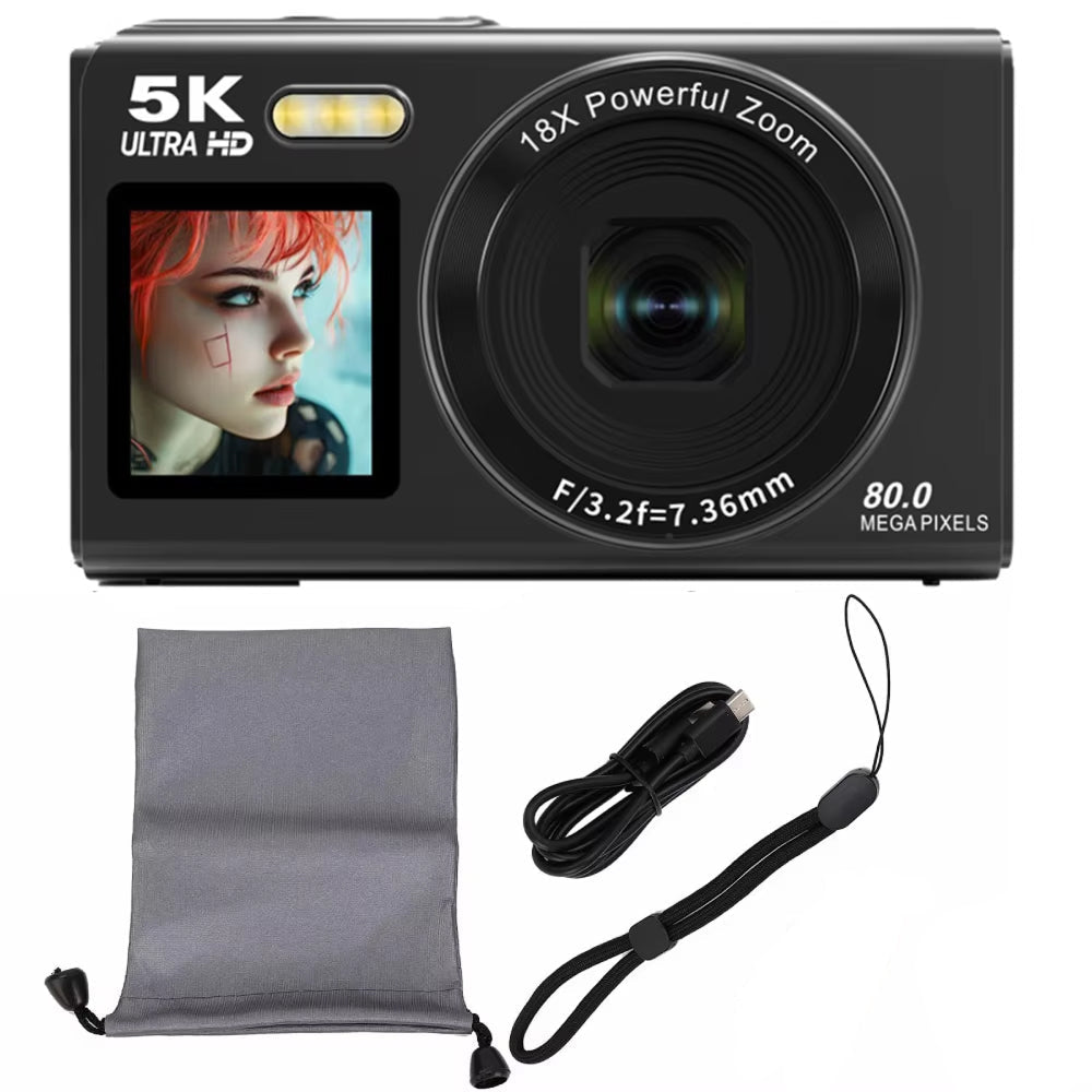 ClikVis Digital Camera with screen displaying a person's face, surrounded by accessories on a white background.