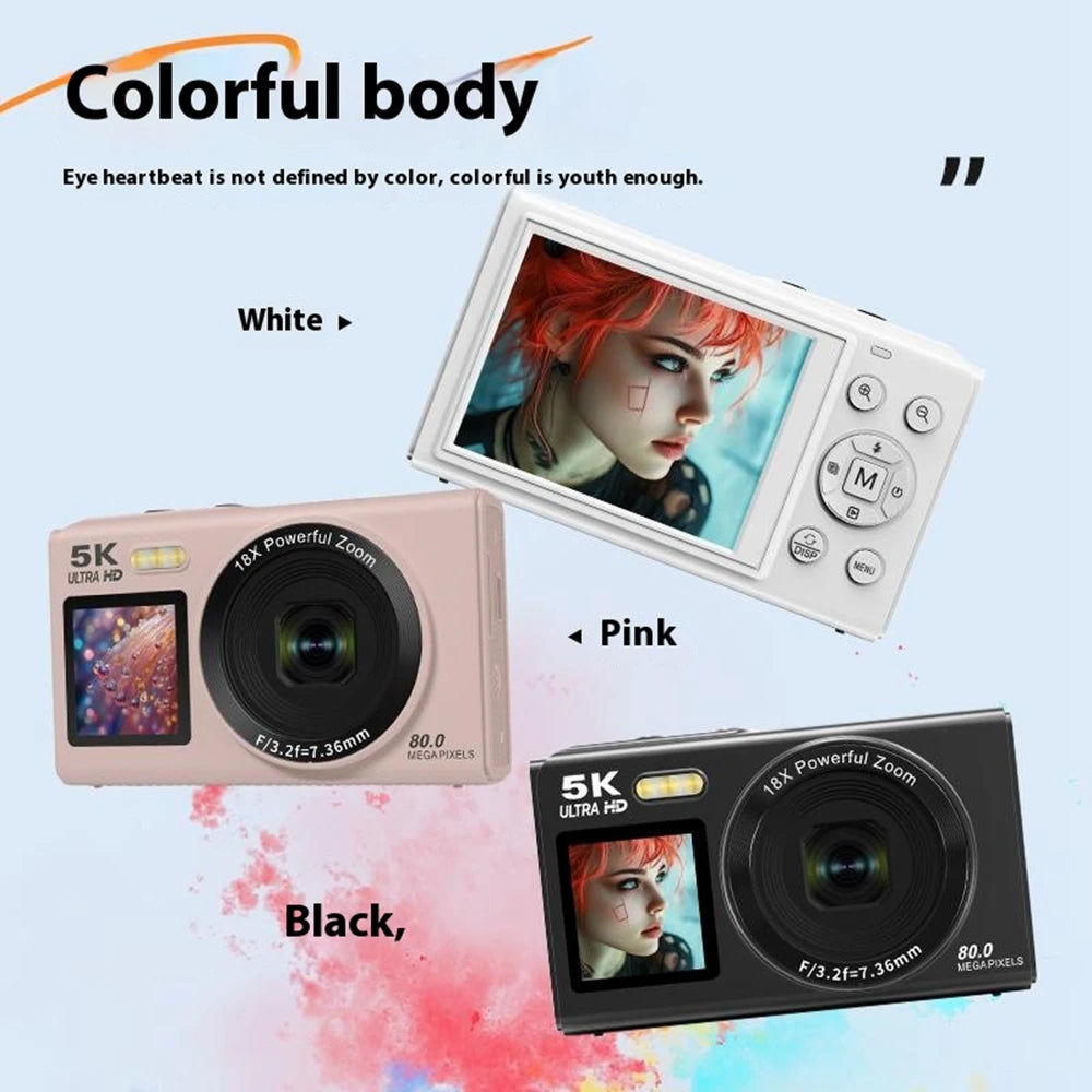 Three ClikVis Digital Camera in white, pink, and black with a colorful body theme.