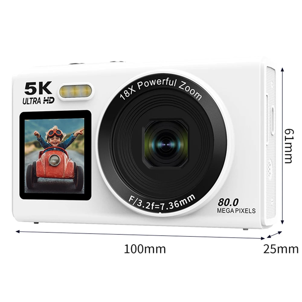 ClikVis Digital Camera with screen displaying a child in a car, labeled with specifications on a white background.