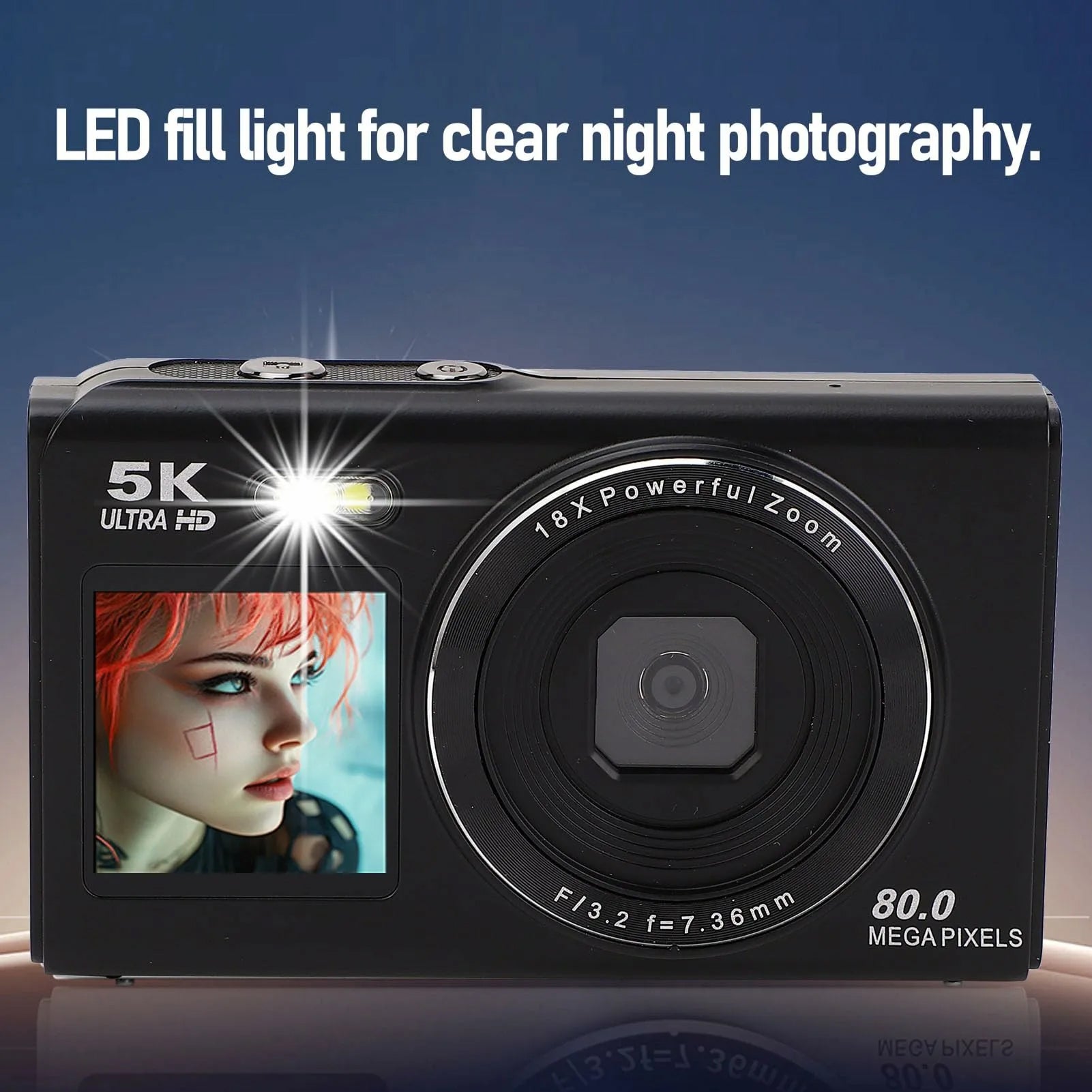 ClikVis Digital Camera with LED fill light feature on a blue background