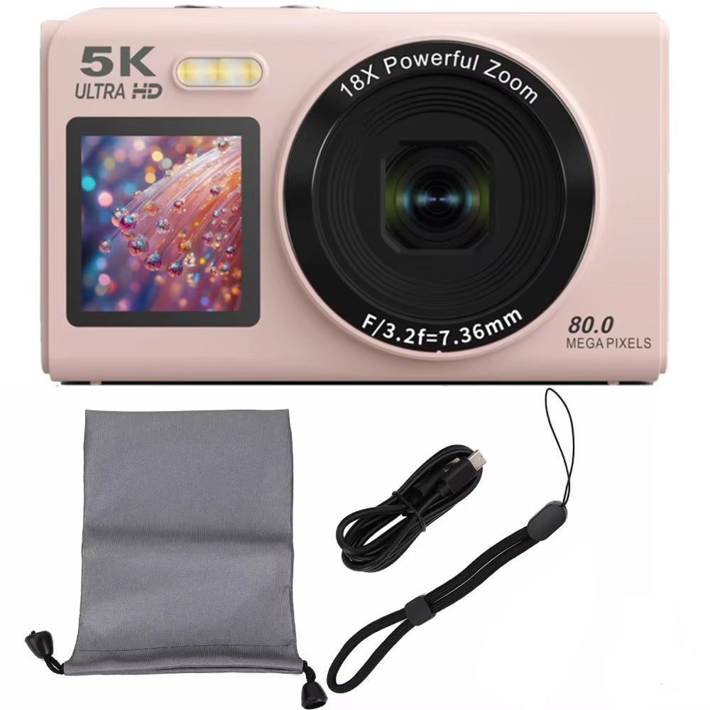 Pink ClikVis Digital Camera with accessories on a white background