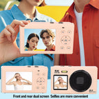 ClikVis Digital Camera with dual screen displaying a person taking a selfie, held by a person in an outdoor setting.