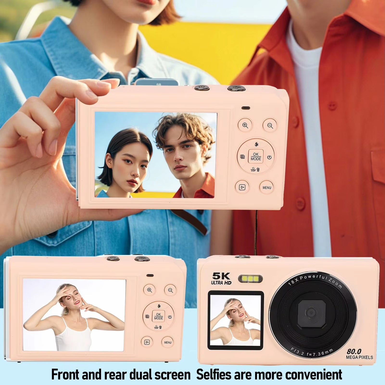 ClikVis Digital Camera with dual screen displaying a person taking a selfie, held by a person in an outdoor setting.