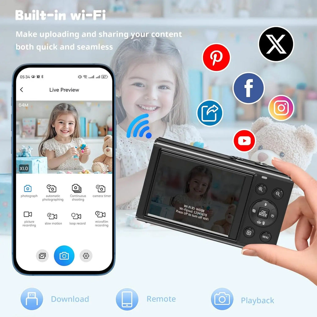 ClikVis Digital Camera with smartphone app displaying live preview and social media icons, on a light blue background.