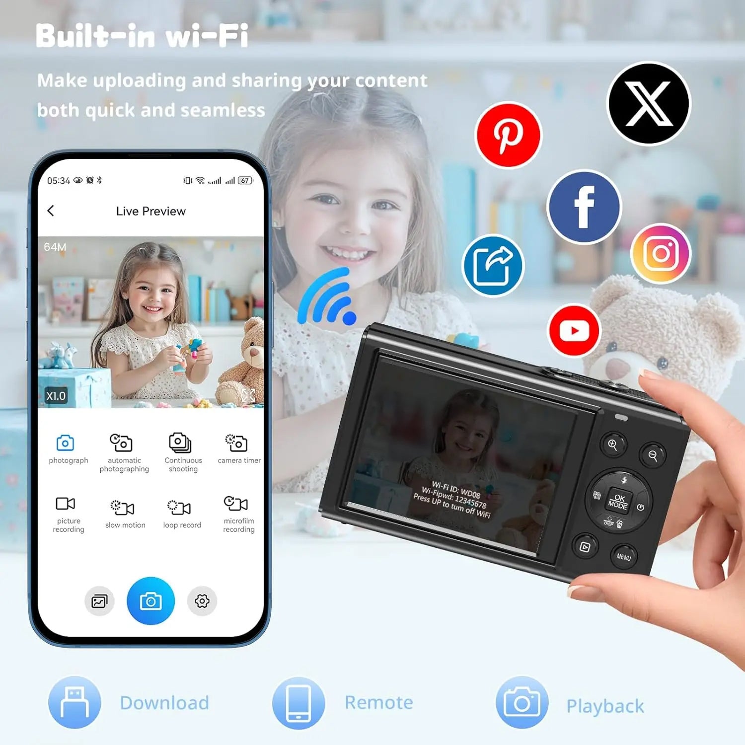 ClikVis Digital Camera with smartphone app displaying live preview and social media icons, on a light blue background.