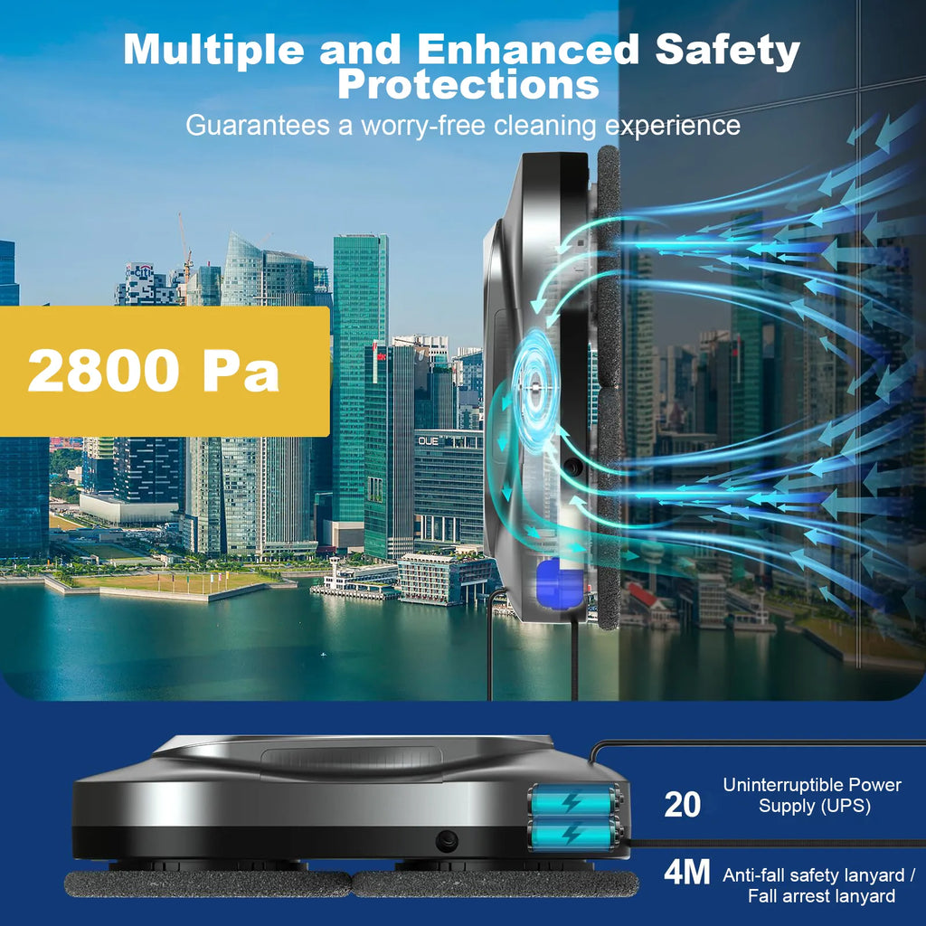 Comfylife Window Cleaning Robot with safety features and cityscape background