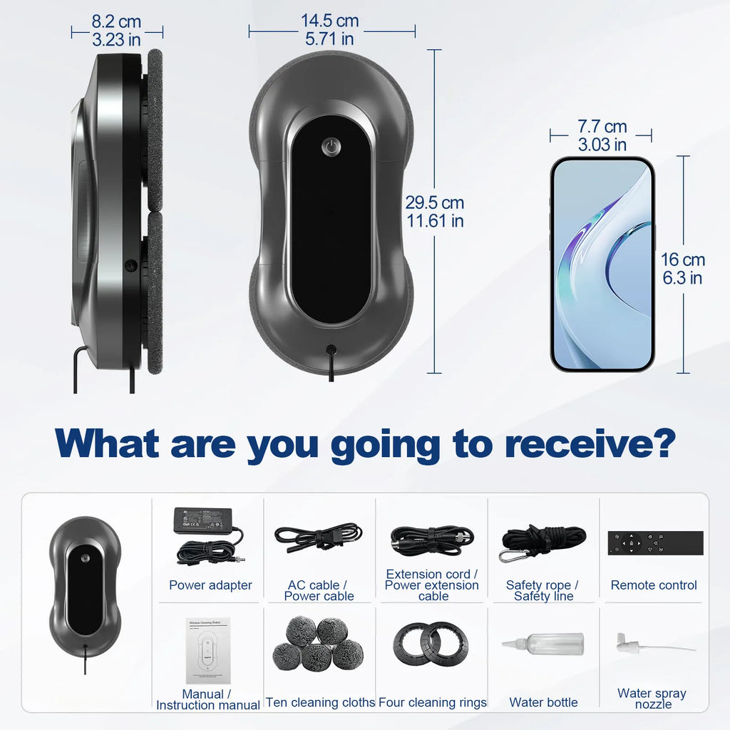 Product dimensions and included items displayed on a white background