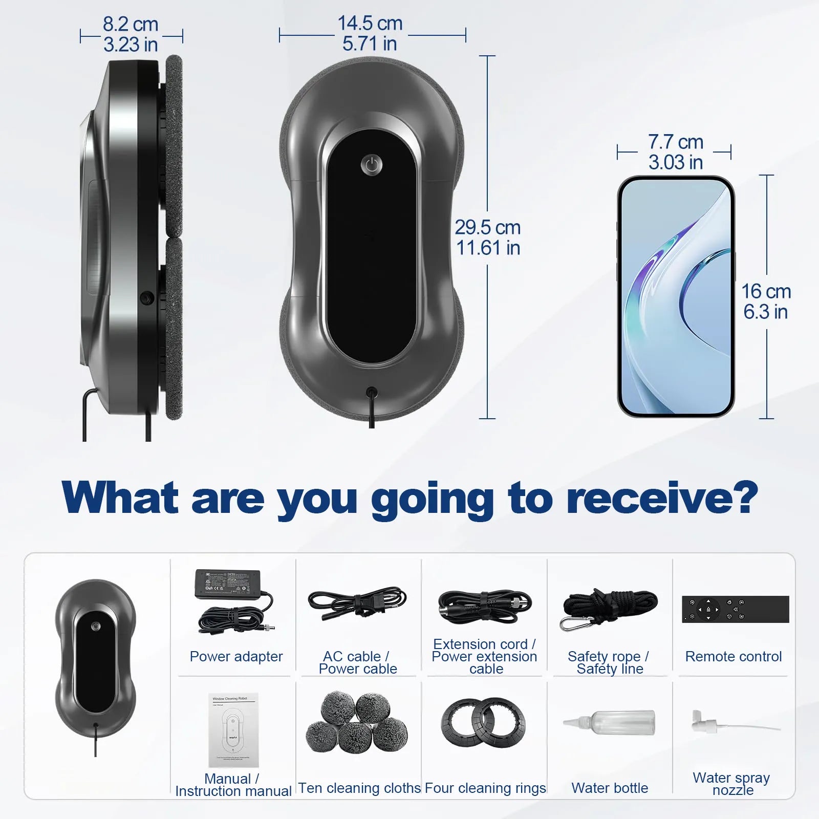 Product dimensions and included items displayed on a white background