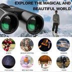 BixCelix Binoculars with a scenic background and various uses listed below.