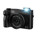 Black Compexcam Digital Camera with a digital zoom lens, featuring a bright flash that is turned on and emitting a blue glow, shown on a plain white background.