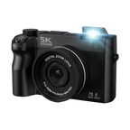 Black Compexcam Digital Camera with a digital zoom lens, featuring a bright flash that is turned on and emitting a blue glow, shown on a plain white background.