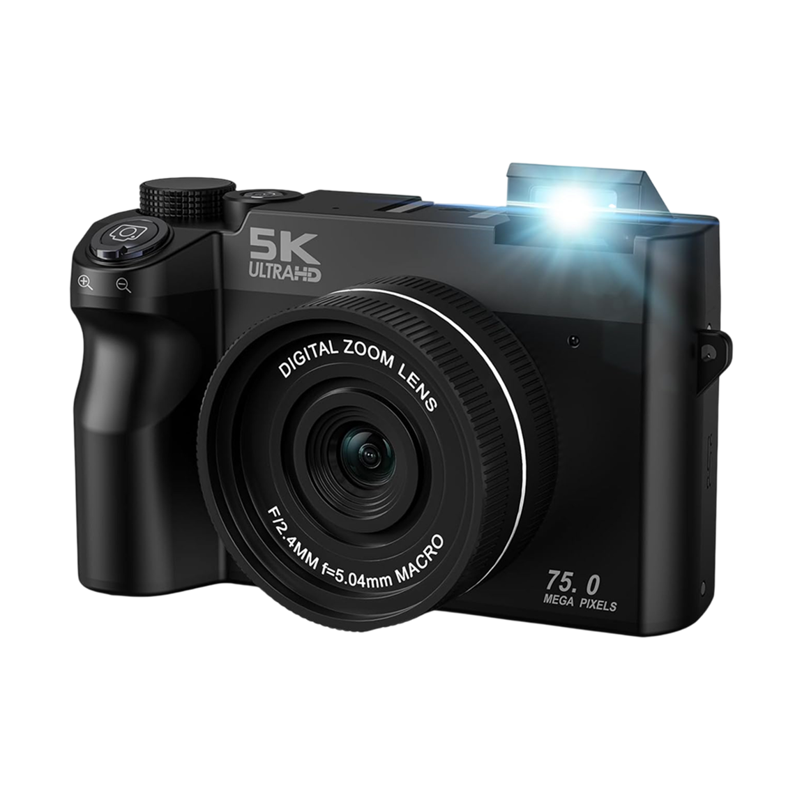 Black Compexcam Digital Camera with a digital zoom lens, featuring a bright flash that is turned on and emitting a blue glow, shown on a plain white background.
