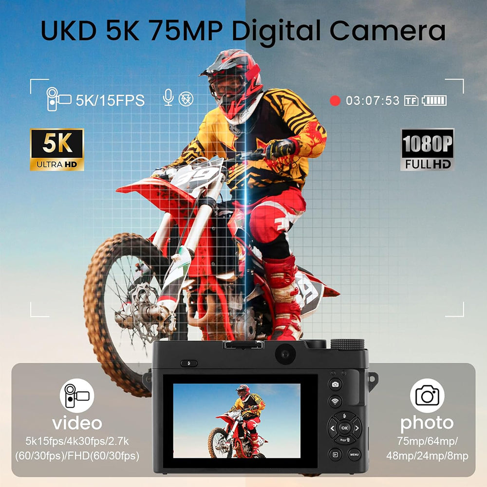 A Compexcam Digital Camera shown in front of a motocross rider on a red dirt bike, with large text and icons advertising UKD 5K 75MP digital camera features including 5K/15FPS video, 1080P full HD photo, 5K/1080p video, and video/photo specs.
